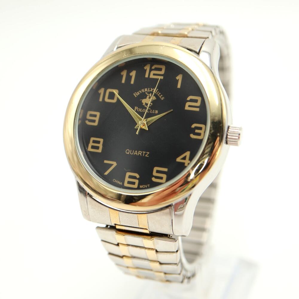 Beverly Hills Polo Club Mens Two Tone Dress Watch 43mm Black Dial w New Battery